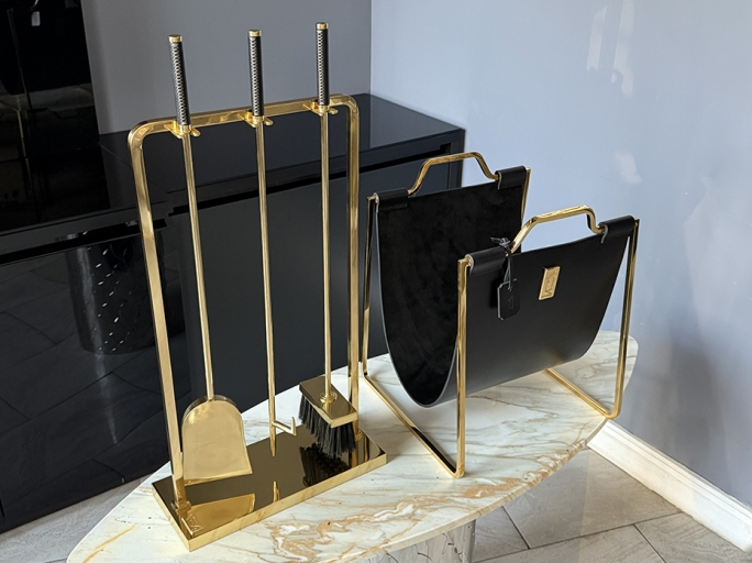 Каминный набор с дровницей FURNITEK FG-01129 полированная латунь с позолотой