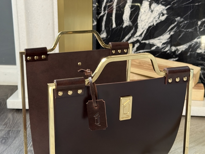 Дровница с кожаной вставкой FG-12054 полированная латунь